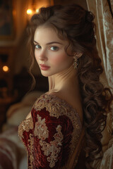 Elegant young woman in ornate historical gown with intricate gold embroidery and deep red velvet