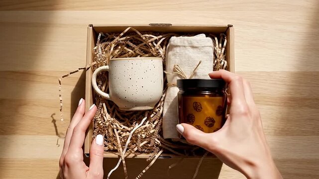 Hands carefully arranging artisanal ceramic mug and natural linen cloth into a rustic ecofriendly gift box filled with shredded paper filler