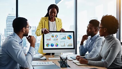 Business team meeting in modern office discussing charts and data analysis - Powered by Adobe