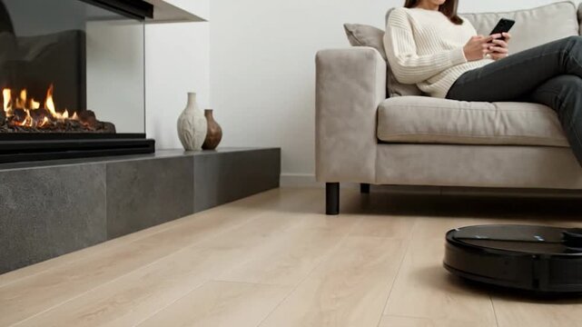 Woman on couch uses phone as robot vacuum cleans floor by a cozy fireplace