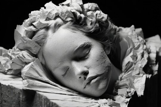 Retrato en blanco y negro de una mujer con maquillaje que simula papel arrugado, durmiendo sobre una cama de papel.