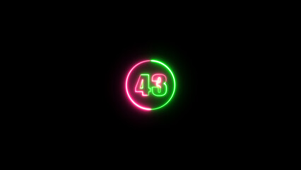 3d render, number 43 glowing in the green and purple color neon light background.
