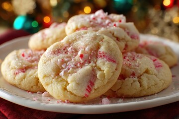 Un mont&oacute;n de galletas de az&uacute;car con trocitos de menta sobre un plato blanco.