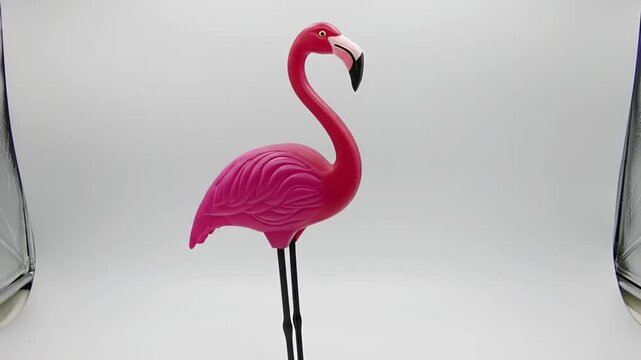 Pink plastic flamingo decoration against a bright white background. Suitable for summerthemed designs, party invitations, and tropical concepts.