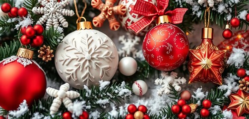 Close-up of whimsical winter scene with handcrafted ornaments and festive foliage,  peaceful,  xmas