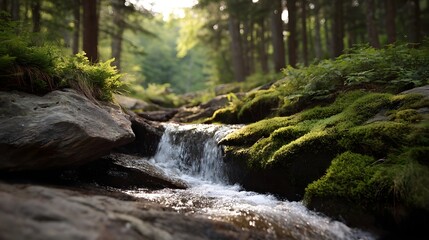 Obraz premium A gentle stream flows over moss covered rocks amidst a sun d d forest