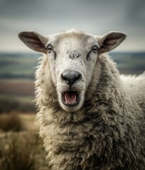 Fototapeta premium Primer plano de una oveja con expresión de sorpresa en un paisaje montañoso.