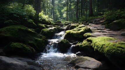 Obraz premium A serene forest stream cascades over moss covered rocks under d d sunlight with a dirt trail winding alongside in the lush wilderness