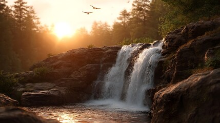 A serene waterfall cascades over rocks during a golden hour sunset with birds flying overhead in a tranquil forest setting