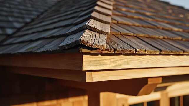 A captivating close-up highlights the intricate details of a wooden roof, featuring weathered, dark cedar shakes meticulously arranged, creating a textured pattern. The rough, organic surface of the i