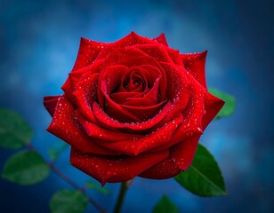 Vibrant Red Rose with Fresh Water Droplets on a Blurred Blue Background