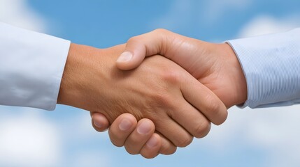 Two people shaking hands outdoors against a bright blue sky with clouds symbolizing agreement and partnership