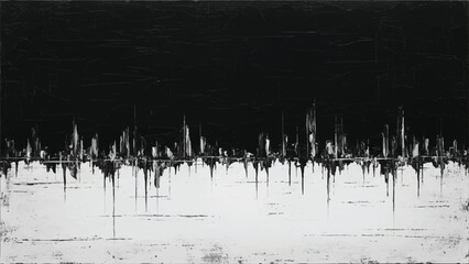 Abstract black and white cityscape painting with textured brushstrokes and dripping effects