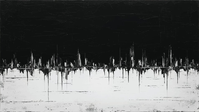 Abstract black and white cityscape painting with textured brushstrokes and dripping effects