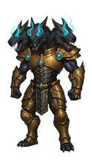 A powerful three-headed wolf-like creature in golden armor with glowing blue eyes and flames above its heads, standing majestically.