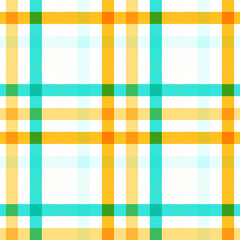 A seamless, vibrant plaid pattern featuring intersecting lines of yellow, orange, green, and cyan or turquoise 