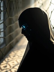 Cybernetic gaze meets tangled pathways, a solitary guardian veiled in radiant shadow, sparking curiosity for the unknown,  enigmatic,  pattern