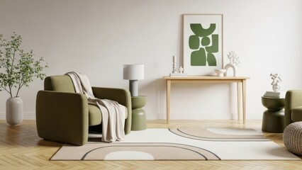 A stylish living room showcasing modern comfort and natural green accents with abstract art