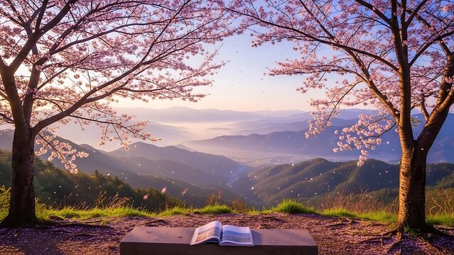 Serene mountain landscape with blooming cherry blossoms and open book on wooden bench at sunrise - Powered by Adobe