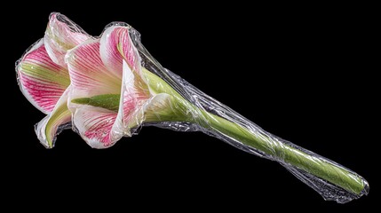 A single flower, encased in plastic wrap, against a stark black background