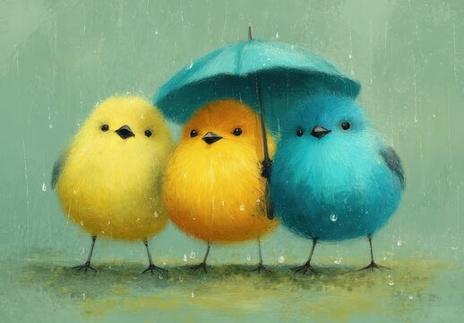 Tres pajaritos de colores se refugian bajo un paraguas azul bajo la lluvia.
