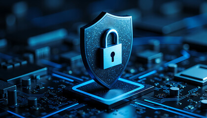 Cybersecurity Shield with Padlock Protecting Digital City Network