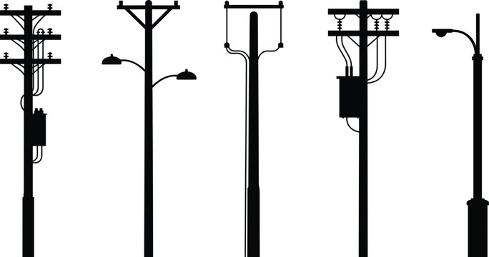 Silhouettes of Various Utility Poles with Transformers and Lights on White power pole electricity
