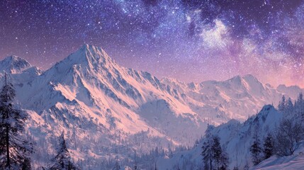Snowy mountain range under a starry night sky, with a gradient of purple and pink hues. The peaks are snow-capped