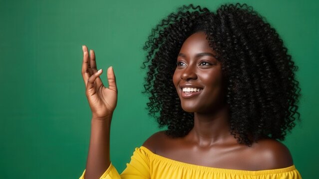 Joyful young woman with natural curly hair wearing yellow off-shoulder top smiling and gesturing