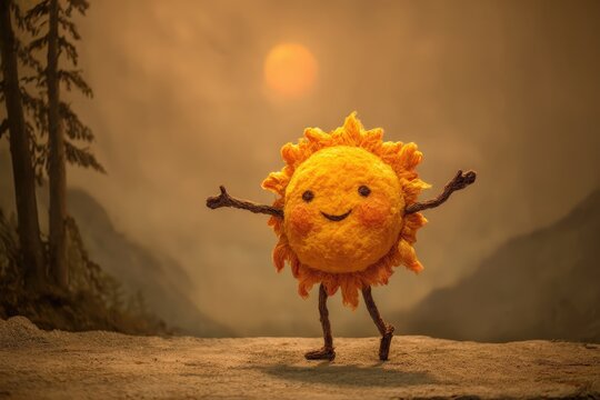 Un sol animado con brazos y piernas baila sobre una roca con un paisaje monta&ntilde;oso al fondo.