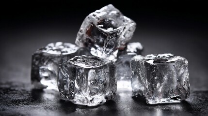 Close-up of clear, glistening ice cubes piled on a dark, wet surface, reflecting light