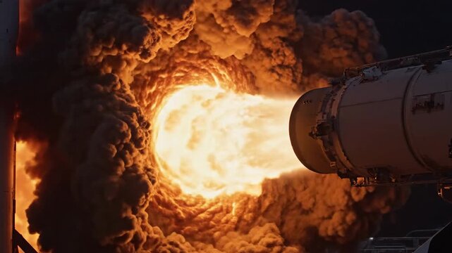 Fiery jet of combustion erupting from a rocket engine in the night