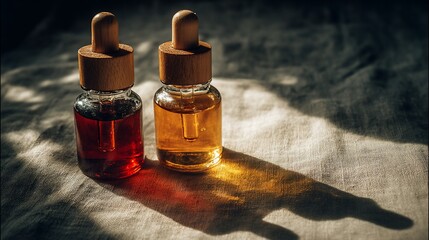 Close-up of two glass dropper bottles with wooden tops, sitting on textured fabric, casting shadows