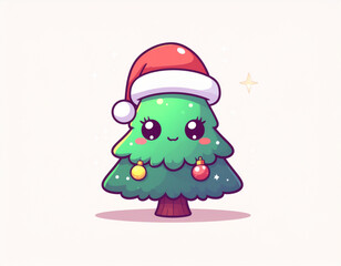 Kawaii Christmas Tree Character Wearing Santa Hat with Sparkling Eyes