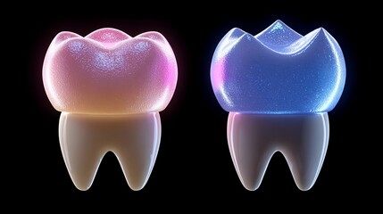 Two luminous 3D rendered molar teeth models, one pink and one blue, on a black background