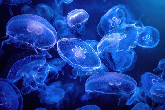 Una escena submarina et&eacute;rea con medusas flotando en un ambiente azul profundo.