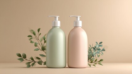 Pastel colored bottles with pump tops, surrounded by leafy branches, minimal design