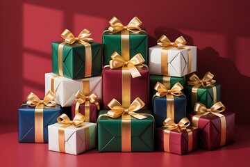 Fototapeta premium A festive stack of wrapped gifts with gold ribbons