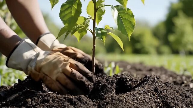 A close-up shot beautifully captures hands wearing sturdy gardening gloves meticulously placing a vibrant young sapling into rich, dark, fertile soil. The scene is set outdoors on a bright, sunny day,