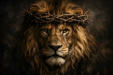Fototapeta premium Lion Crown of Thorns - Religious Symbolism, Faith and Power
