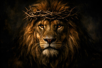 Naklejka premium Lion Crown of Thorns - Religious Symbolism, Faith and Power