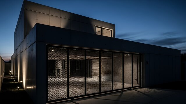Modern Concrete Building with Mesh Facade Illuminated at Dusk