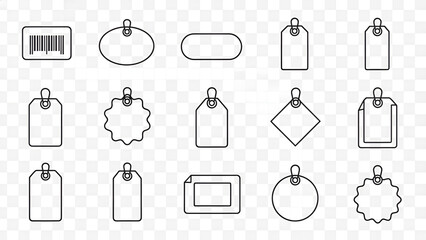 Line art clipboard and tag icons set: minimal black outline price tags for branding and UI design

