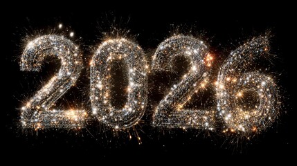 Sparkler-created numerals, "2026," glimmering against a black background. Each digit sparkles with silver and gold lights, celebrating the upcoming year