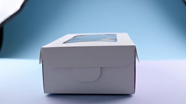 White cardboard bakery box with clear window top sitting on a light surface ready for packaging sweet treats or pastries for sale