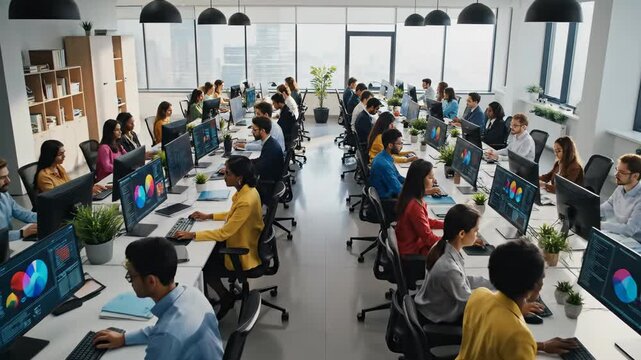 Modern office workplace busy employees working at computers overhead view