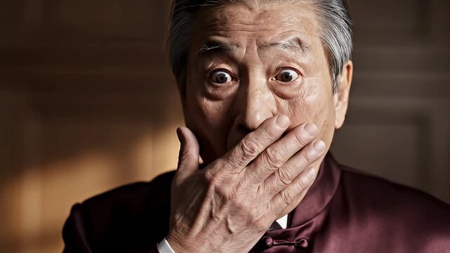 A close-up shot captures an expressive senior man reacting with visible surprise or shock, his eyes wide open and mouth slightly agape. His face, showing the dignified lines of age, conveys a strong s