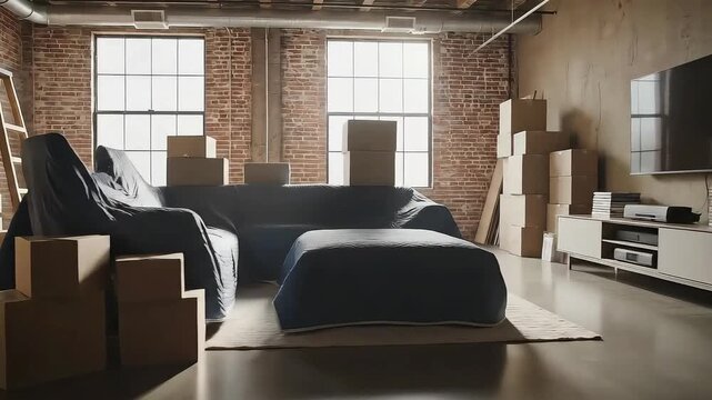 Dolly shot of an organized room with boxes and television set in a clean urban flat during daytime moving, new shifting