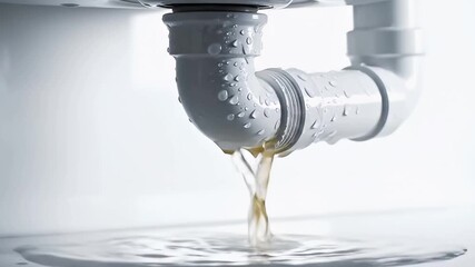 A close-up shot vividly captures a faulty white plastic pipe, its surface glistening with numerous water droplets, as a continuous stream of murky, brownish-yellow water leaks steadily from a compromi
