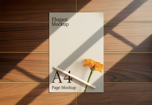Elegant A4 Paper Mockup with Pencil and Flower